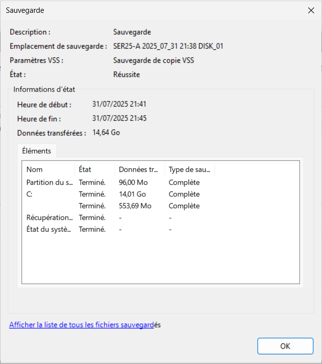 Sauvegarde réussie