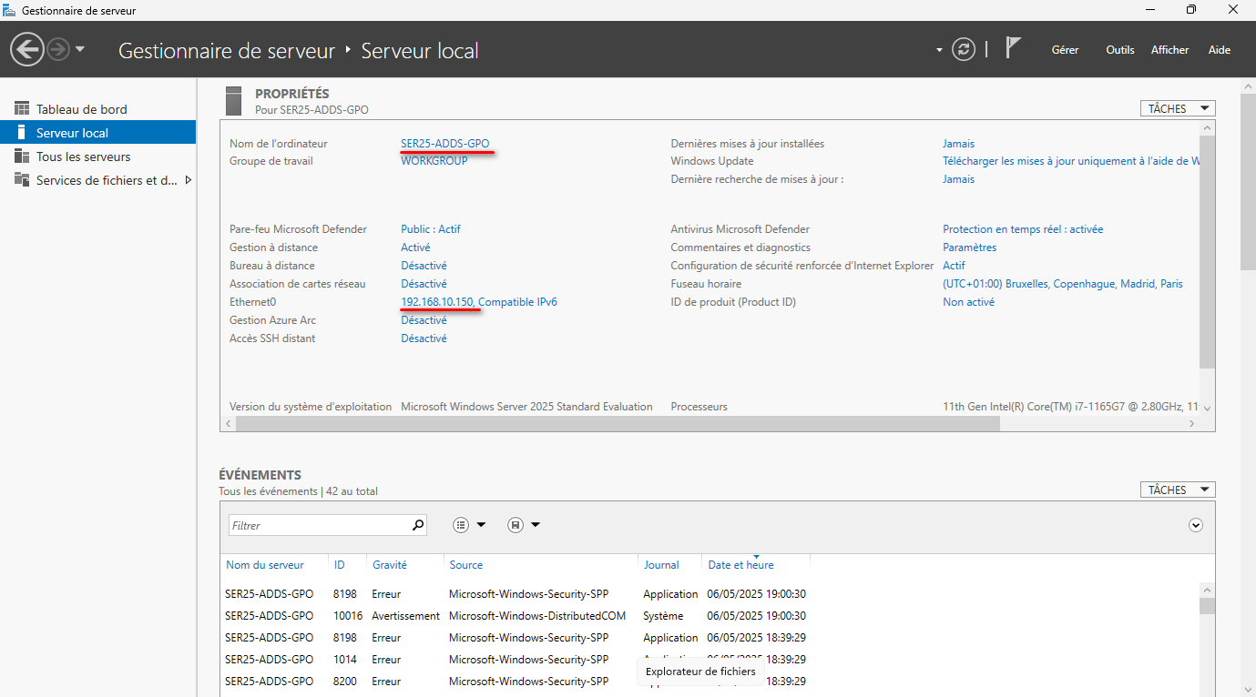 Gestionnaire de serveur après configuration