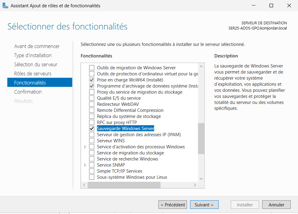 Installation de la sauvegarde